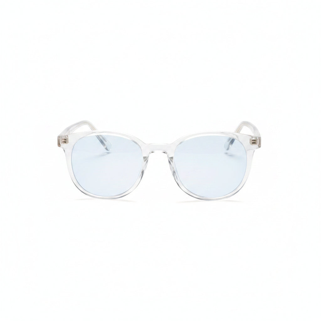 www.bhplus.shop clear, round frame computer glasses designed to block blue light and reduce eye strain.