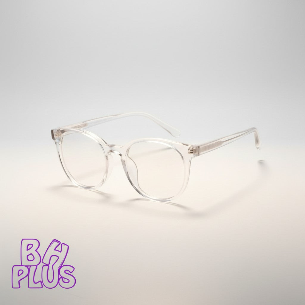 www.bhplus.shop clear, round frame computer glasses designed to block blue light and reduce eye strain.
