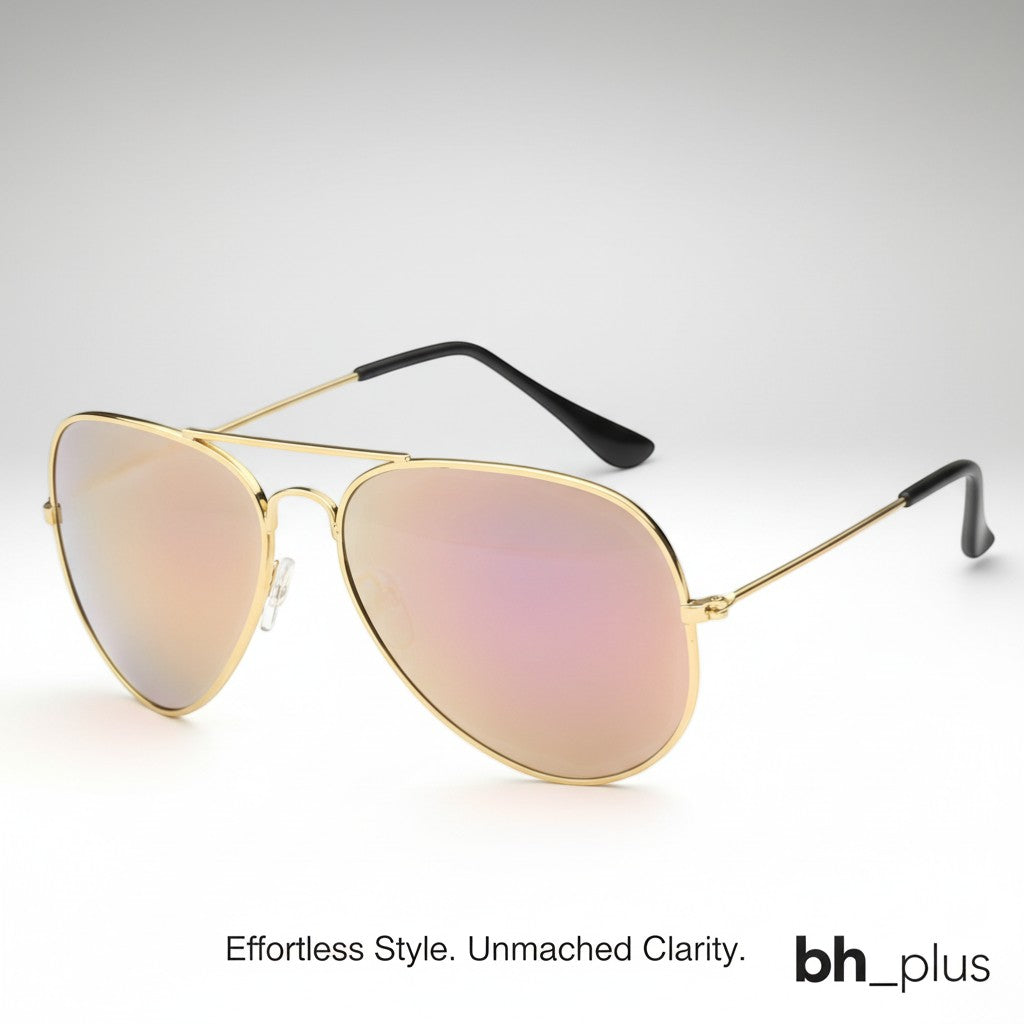 www.bhplus.shop gold aviator sunglasses with rose gold mirrored lenses and black temple tips.