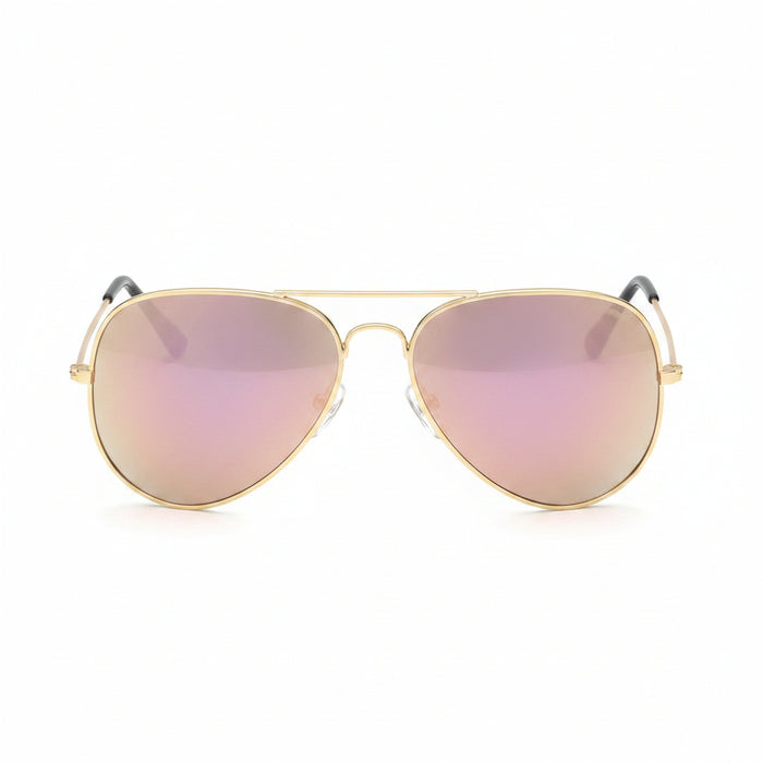 www.bhplus.shop gold aviator sunglasses with rose gold mirrored lenses and black temple tips.