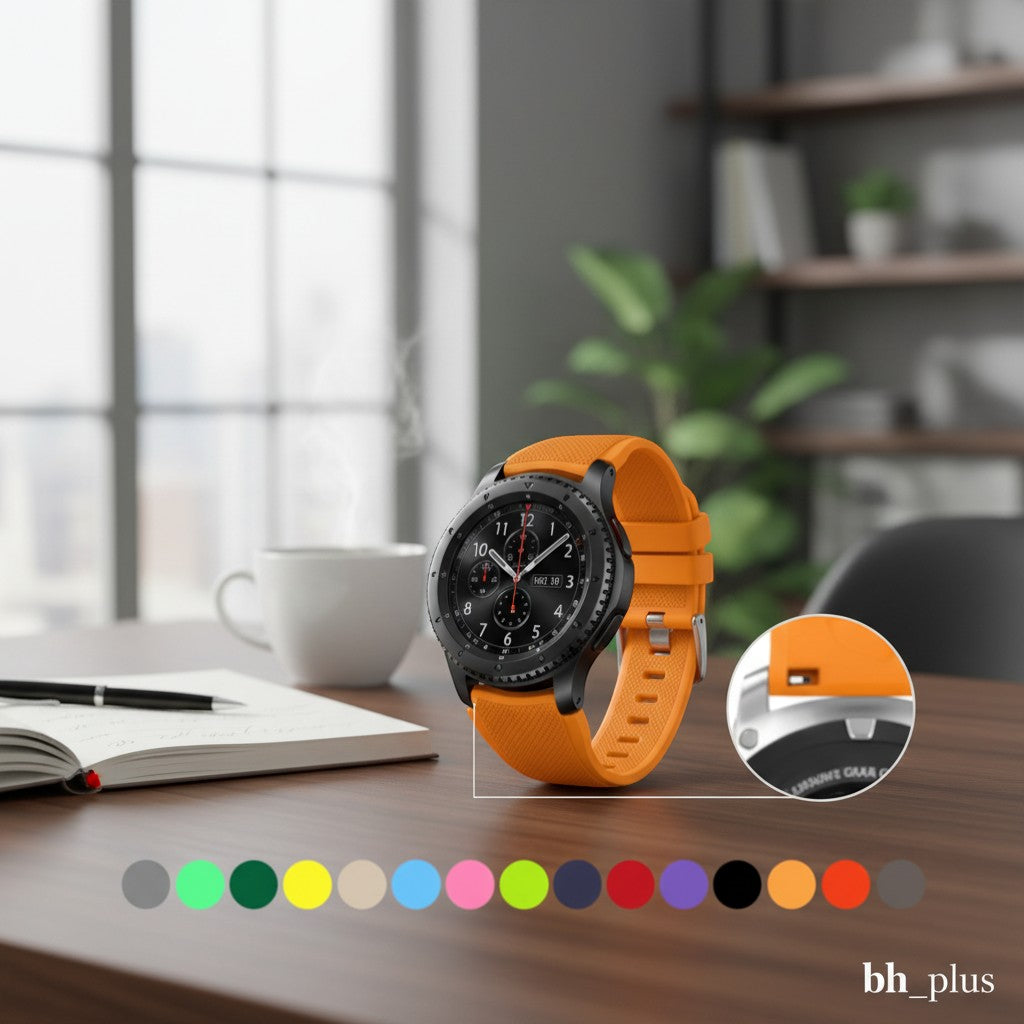 www.bhplus.shop orange silicone watch strap for Huawei, Samsung, and Android smartwatches. Adjustable with buckle closure.