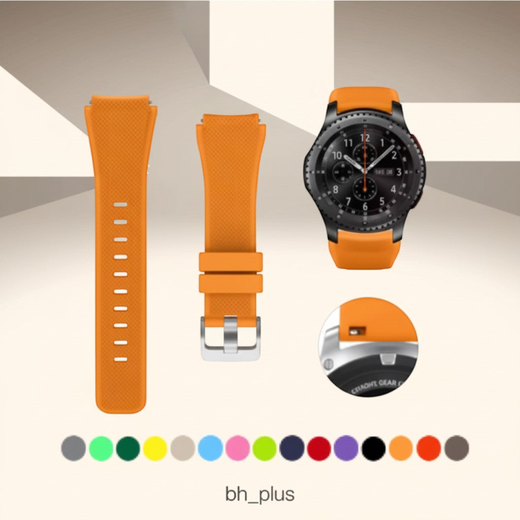 www.bhplus.shop orange silicone watch strap for Huawei, Samsung, and Android smartwatches. Features adjustable holes and a buckle closure.