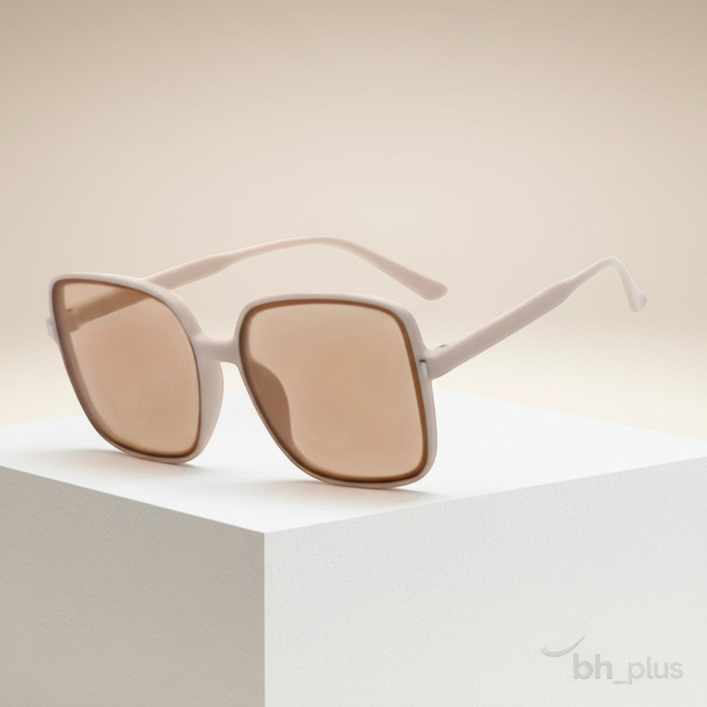 www.bhplus.shop oversized square sunglasses with beige frames and brown tinted lenses.