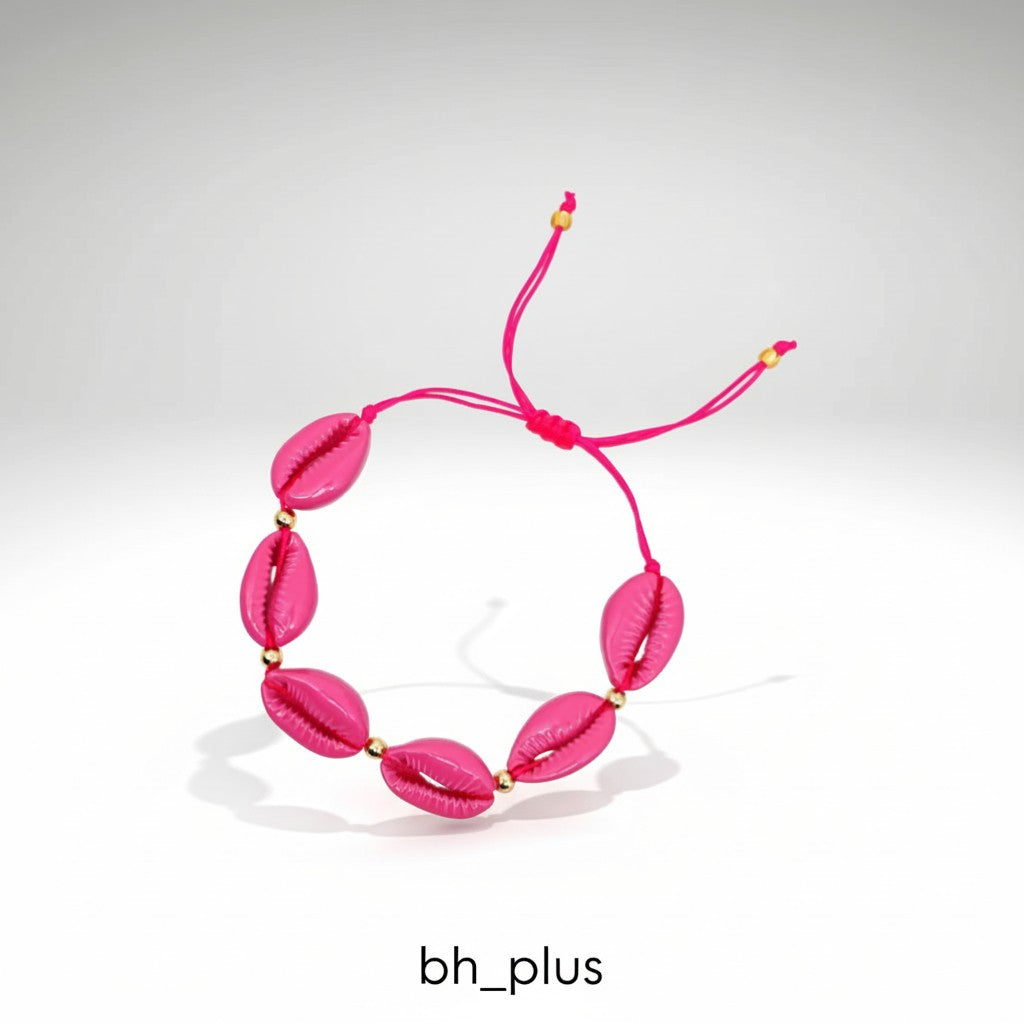 www.bhplus.shop pink cowrie shell bracelet with gold beads on a string