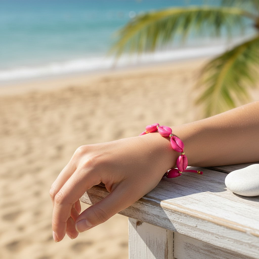 www.bhplus.shop pink cowrie shell bracelet with gold bead accents and adjustable cord