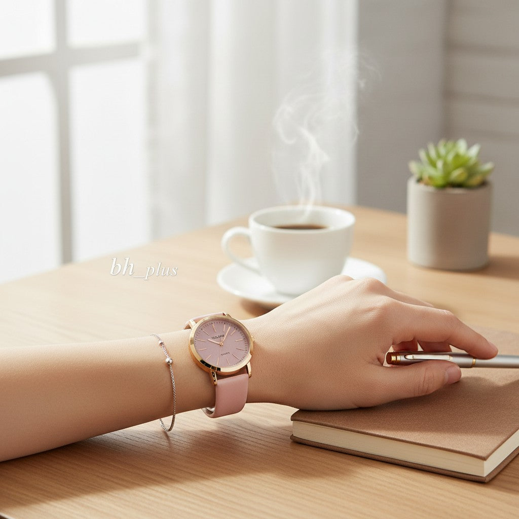 www.bhplus.shop classic pink leather women's quartz watch with rose gold case and understated dial.