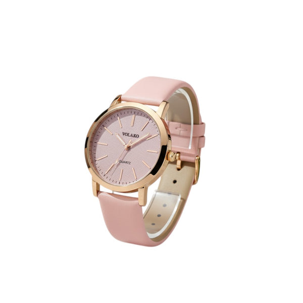 www.bhplus.shop classic pink leather strap women's quartz watch with rose gold case and textured dial.