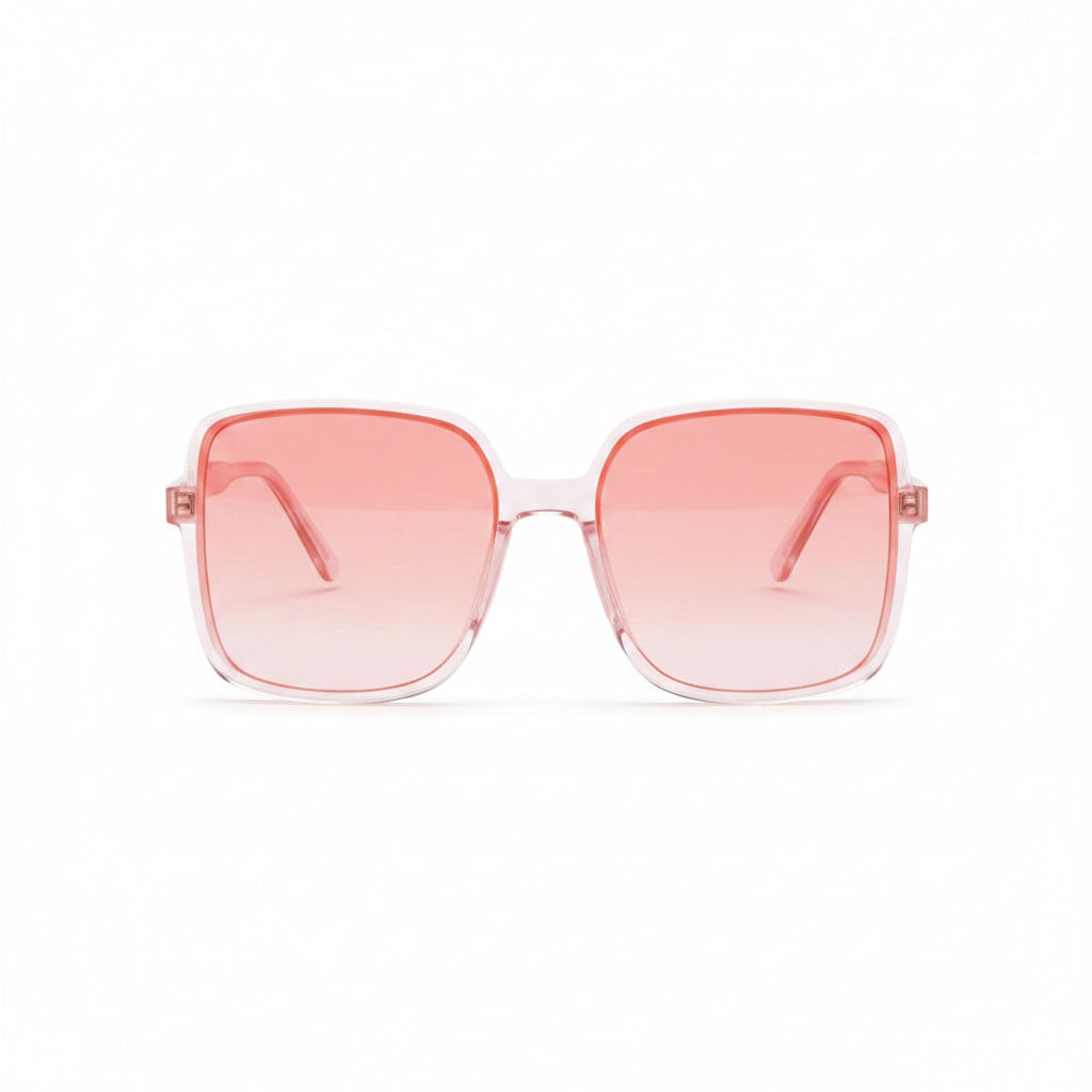 www.bhplus.shop pink oversized square sunglasses with gradient coral lenses and clear frames.
