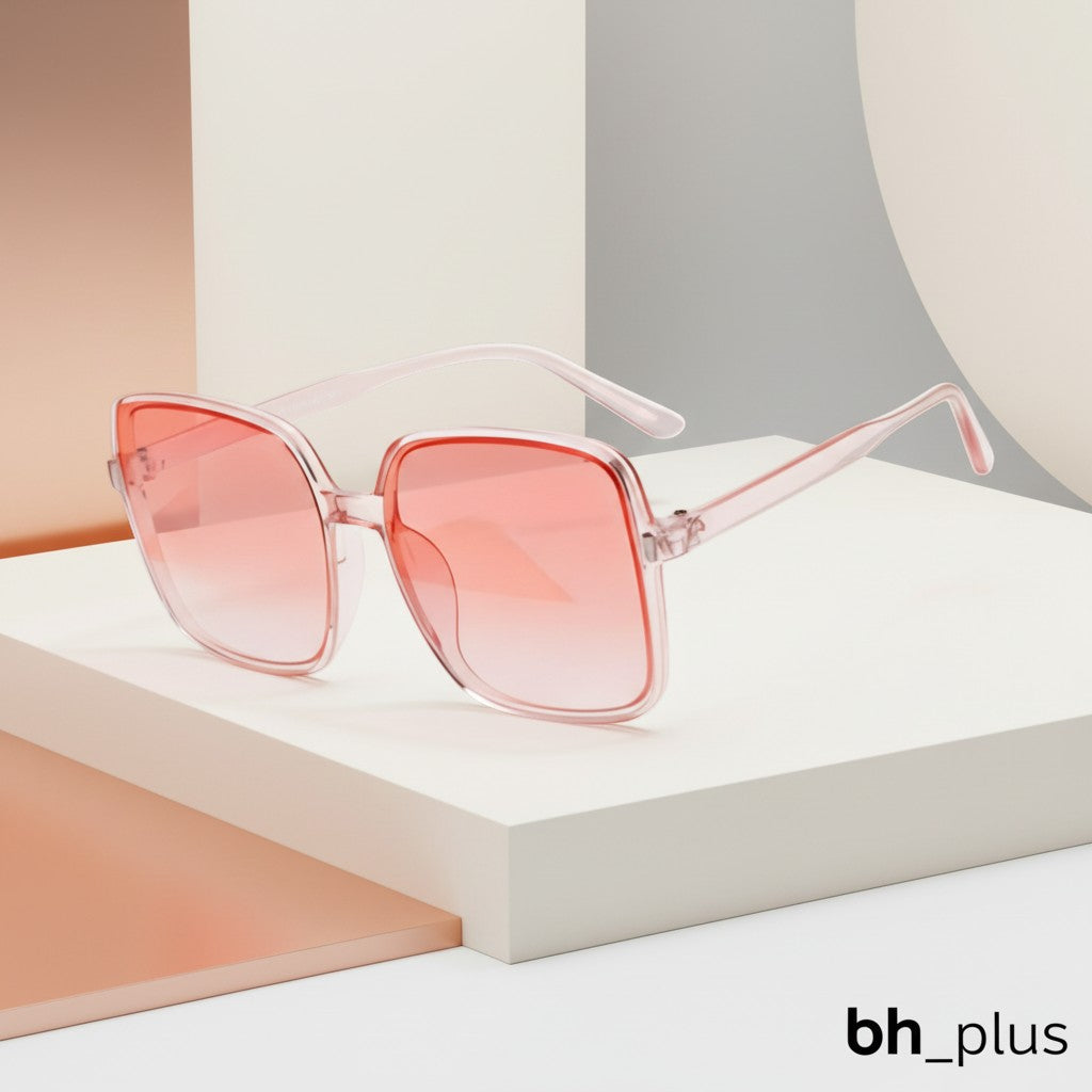 www.bhplus.shop pink oversized square sunglasses with gradient coral lenses and clear frames.