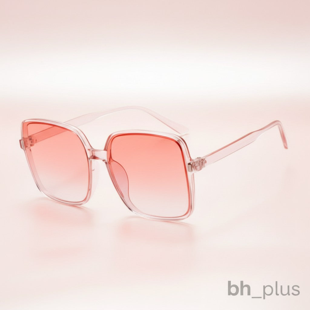www.bhplus.shop pink oversized square sunglasses with gradient coral lenses and clear frames.