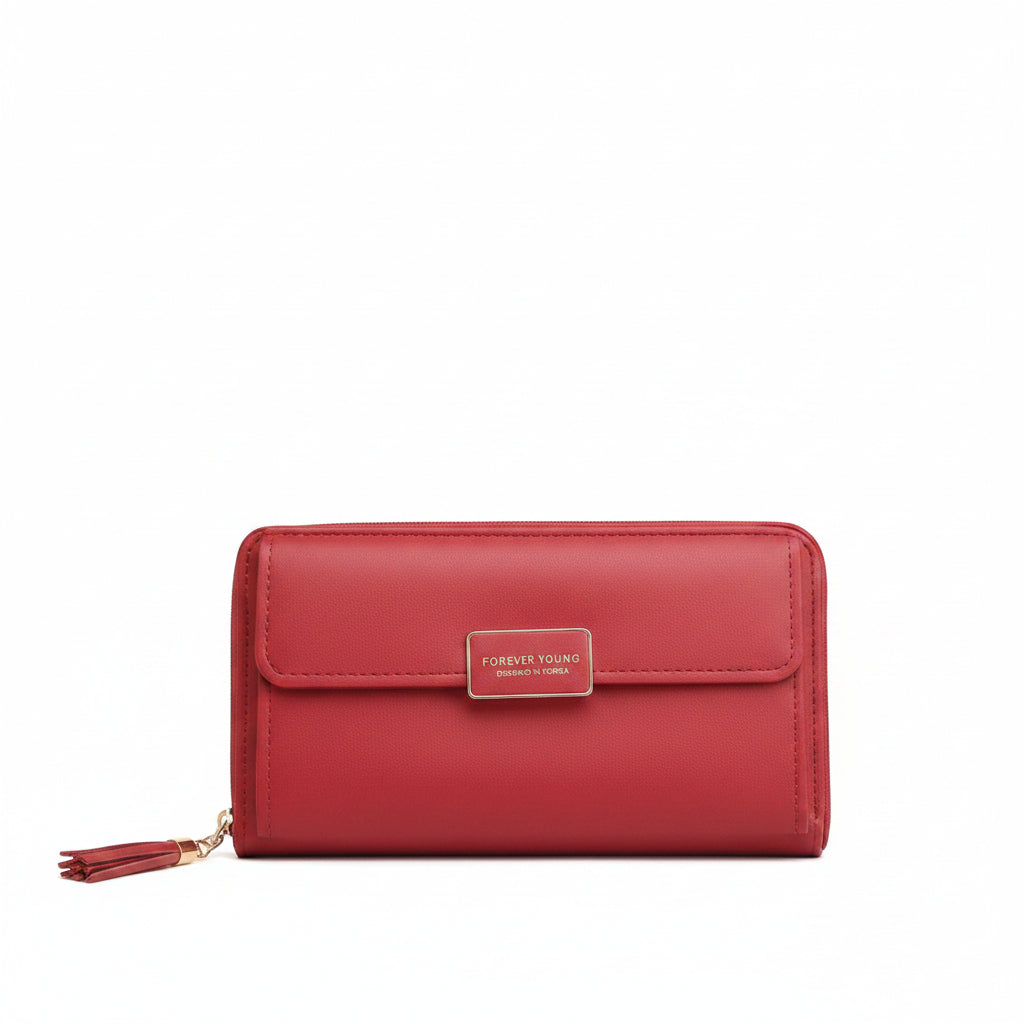 www.bhplus.shop red faux leather women's clutch bag with tassel and gold accent.