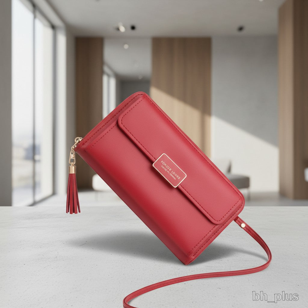 www.bhplus.shop red faux leather women's clutch bag with tassel and gold accent.