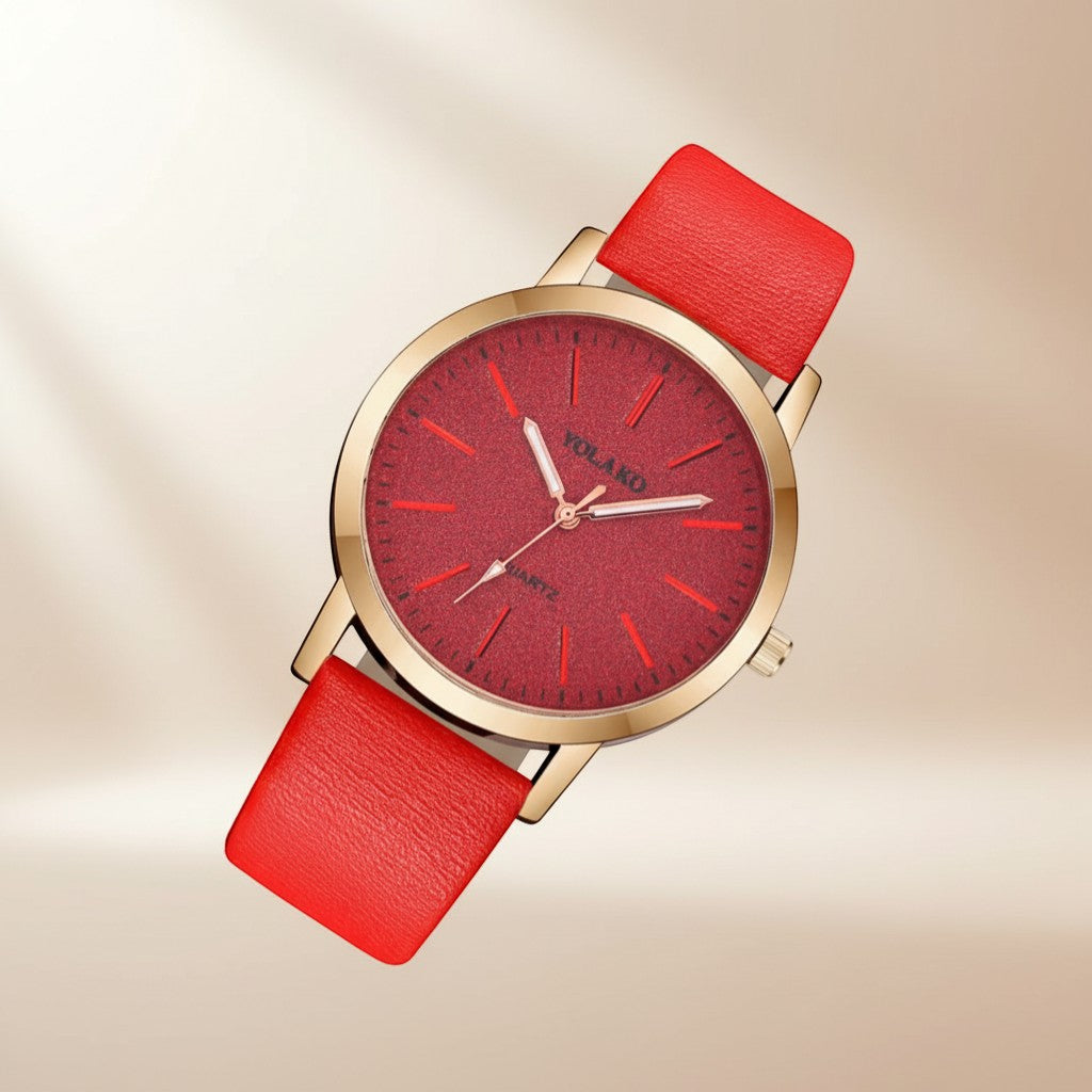 www.bhplus.shop women's red leather band watch with gold case and textured red dial.
