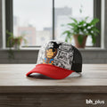 www.bhplus.shop children's red trucker cap with black mesh back and cartoon pirate monkey graphic print