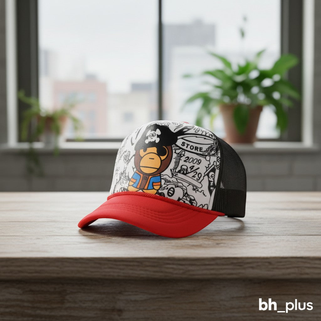 www.bhplus.shop children's red trucker cap with black mesh back and cartoon pirate monkey graphic print