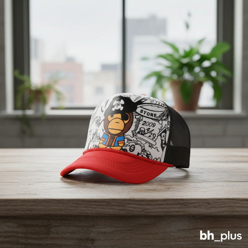 www.bhplus.shop children's red trucker cap with black mesh back and cartoon pirate monkey graphic print