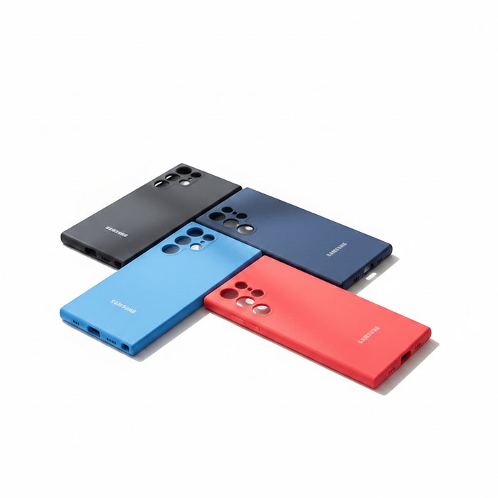 www.bhplus.shop Samsung Galaxy S20/S20 Ultra cases in black, navy blue, bright blue, and red. Silicone material with camera cutout.