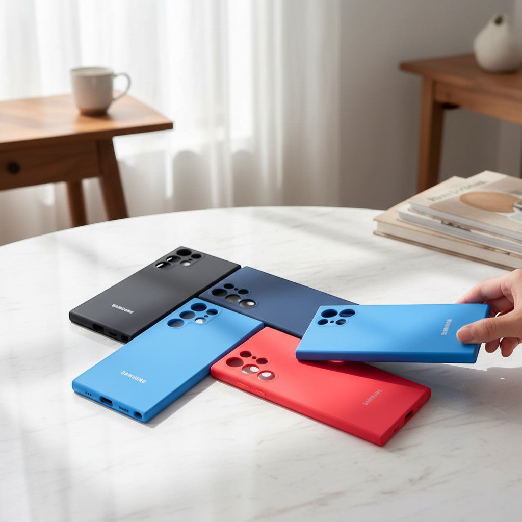 www.bhplus.shop Samsung Galaxy S20/S20 Ultra cases in black, navy blue, bright blue, and red. Silicone material with camera cutout.
