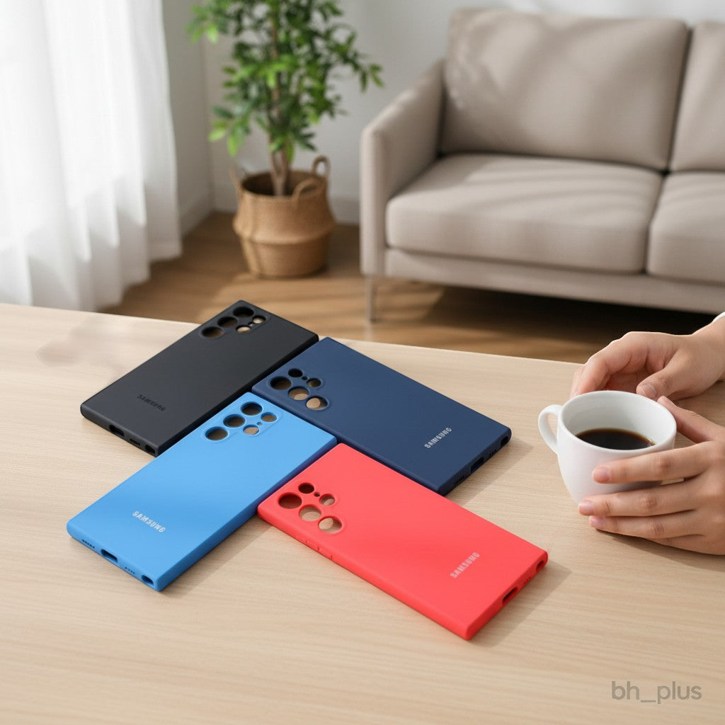 www.bhplus.shop Samsung Galaxy S20/S20 Ultra cases in black, navy, blue, and red. Silicone cases with camera cutout.
