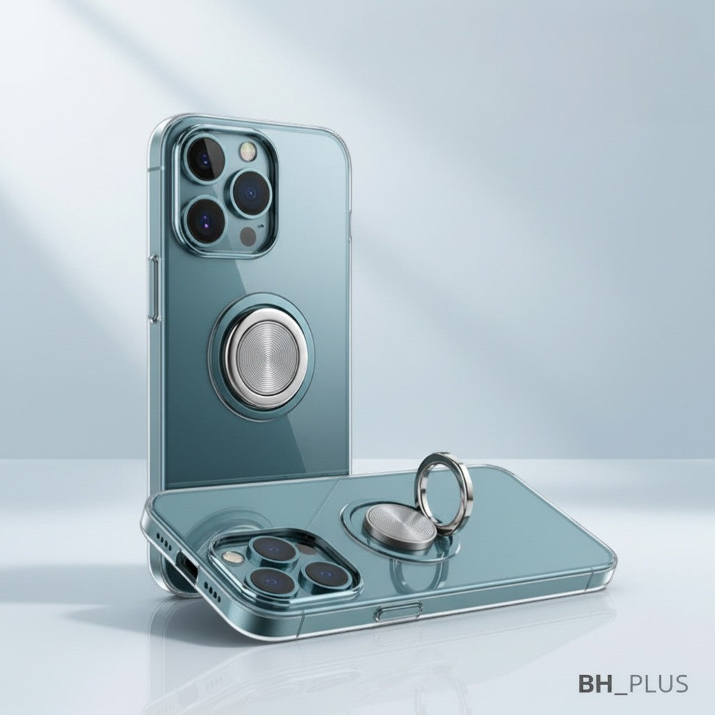 www.bhplus.shop transparent iPhone case with built-in screen protector and silver ring grip