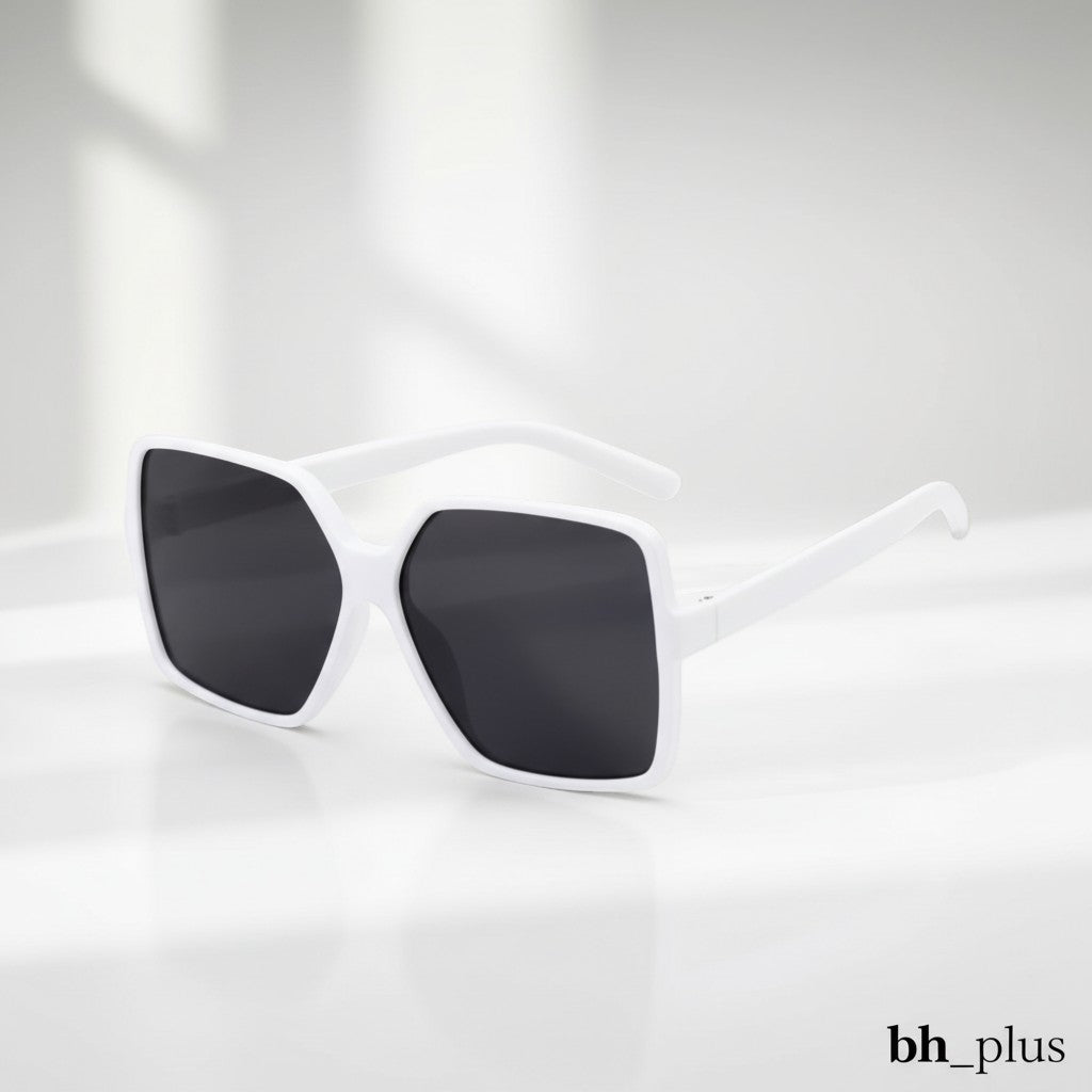 www.bhplus.shop white oversized square sunglasses with dark lenses and thick frames.