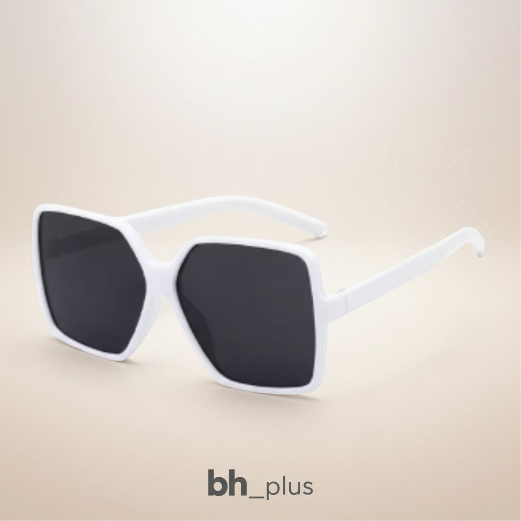 www.bhplus.shop white oversized square sunglasses with dark lenses and thick frames.