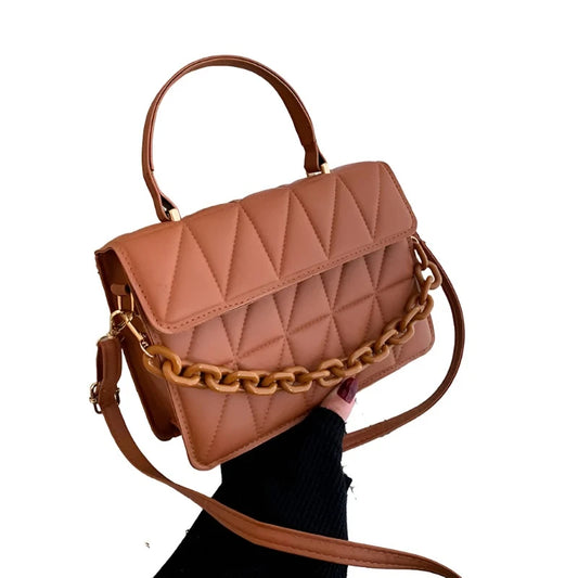 Solid Plaid Crossbody Bags For Women, Chain Decor Fashion Shoulder Bag Ladies Handbag For Daily Used
