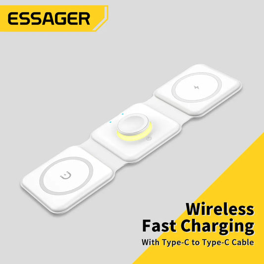 Essager 3 in 1 Magnetic 15W Qi Wireless Charger Foldable Charger Stand For iPhone 14 13 12/Airpod /iWatch 7 6 Fast Charging