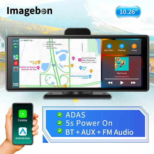 Imagebon 10.26" Wireless CarPlay & Android Auto Dash Cam ADAS 4K DVR Bluetooth Audio AUX GPS Navigation Dashboard Video Recorder